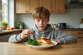 Adolescent mangeant un repas anti-inflammatoire à base de saumon et légumes pour soulager la maladie de Sever