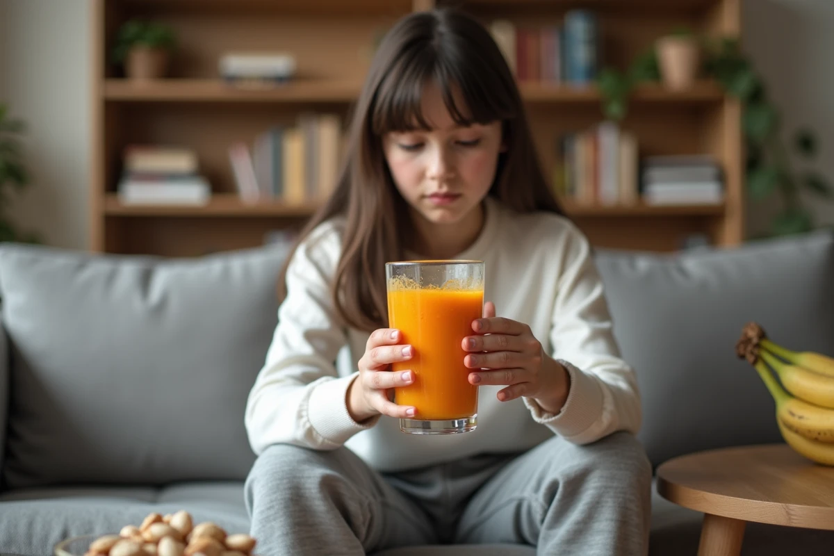 Adolescente avec cheville bandée buvant un smoothie anti-inflammatoire au curcuma pour la maladie de Sever