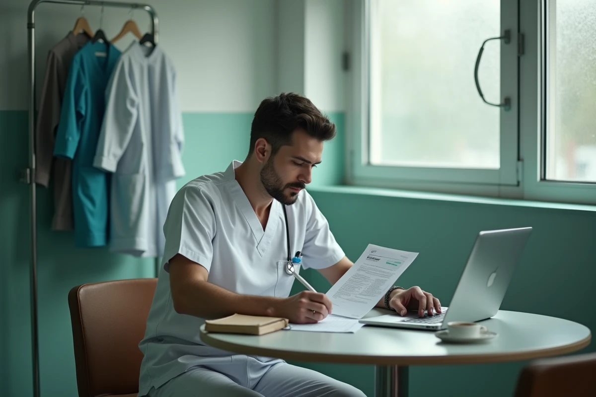 Aide-soignant complétant une fiche de transmission de fin de poste dans la salle de pause d'un établissement de soins