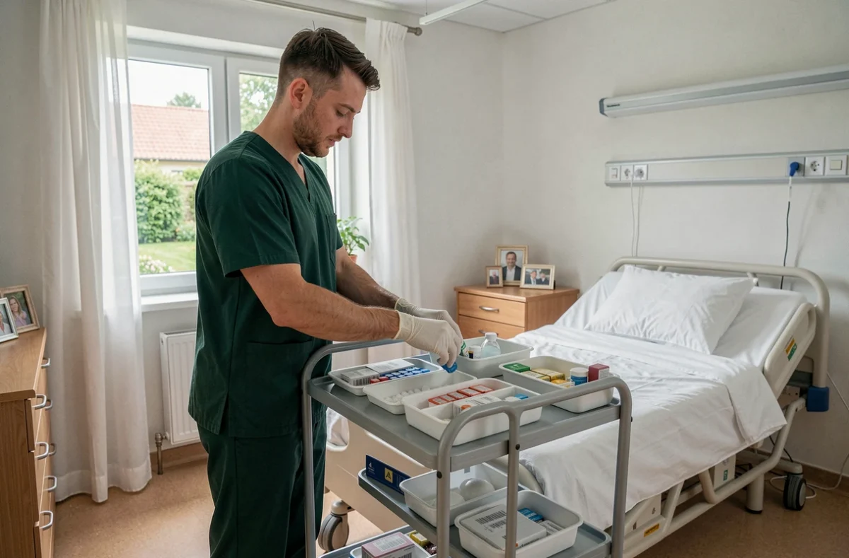 Aide soignant préparant les médicaments dans une chambre de maison de retraite au Luxembourg