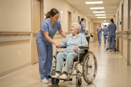 Aide soignante en hôpital au Luxembourg assistant une patiente âgée en fauteuil roulant dans un couloir