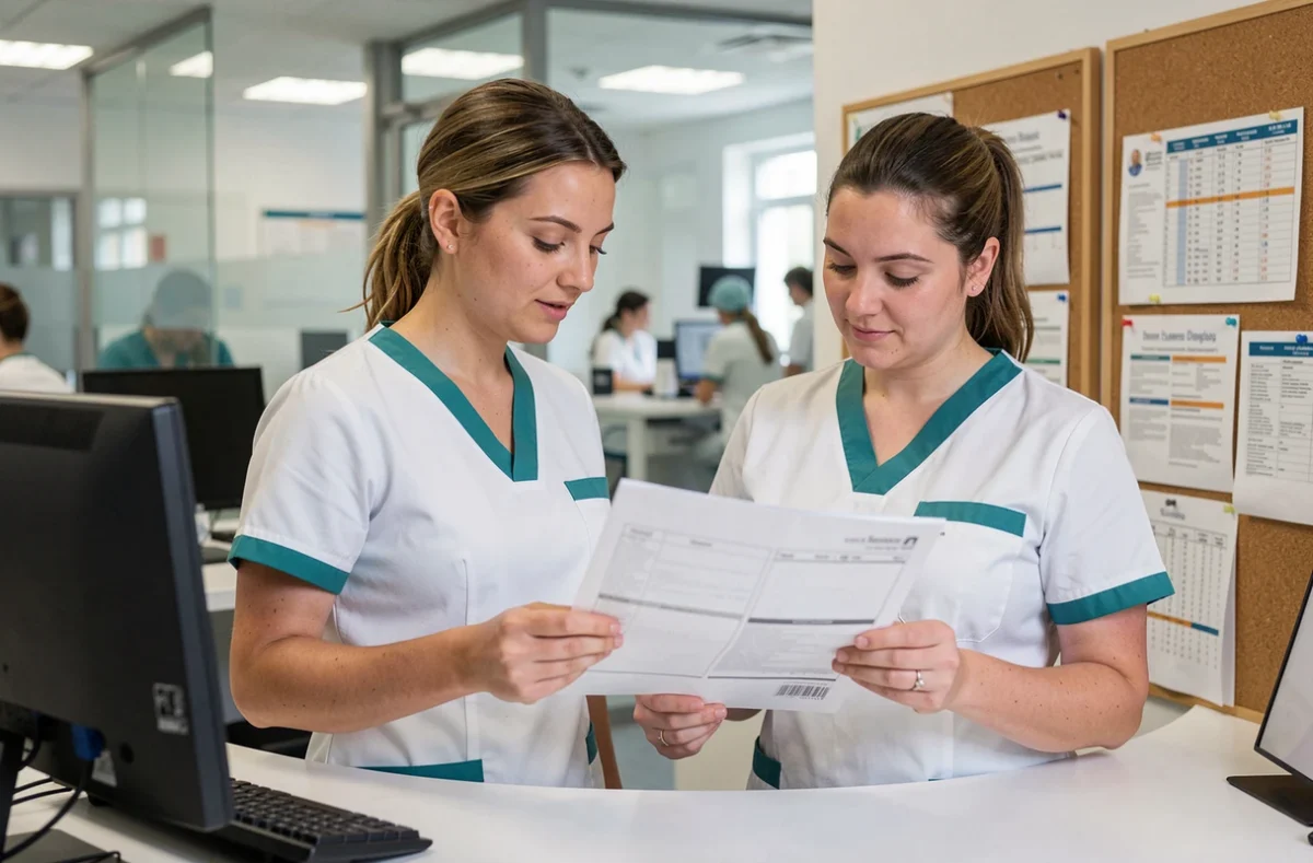 Deux aides soignantes consultant un dossier patient au poste de soins d'une clinique privée au Luxembourg