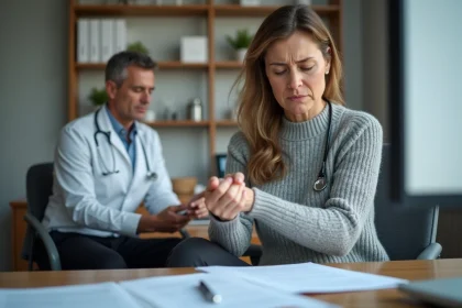 Femme souffrant d'algodystrophie lors d'une consultation médicale pour arrêt de travail prolongé