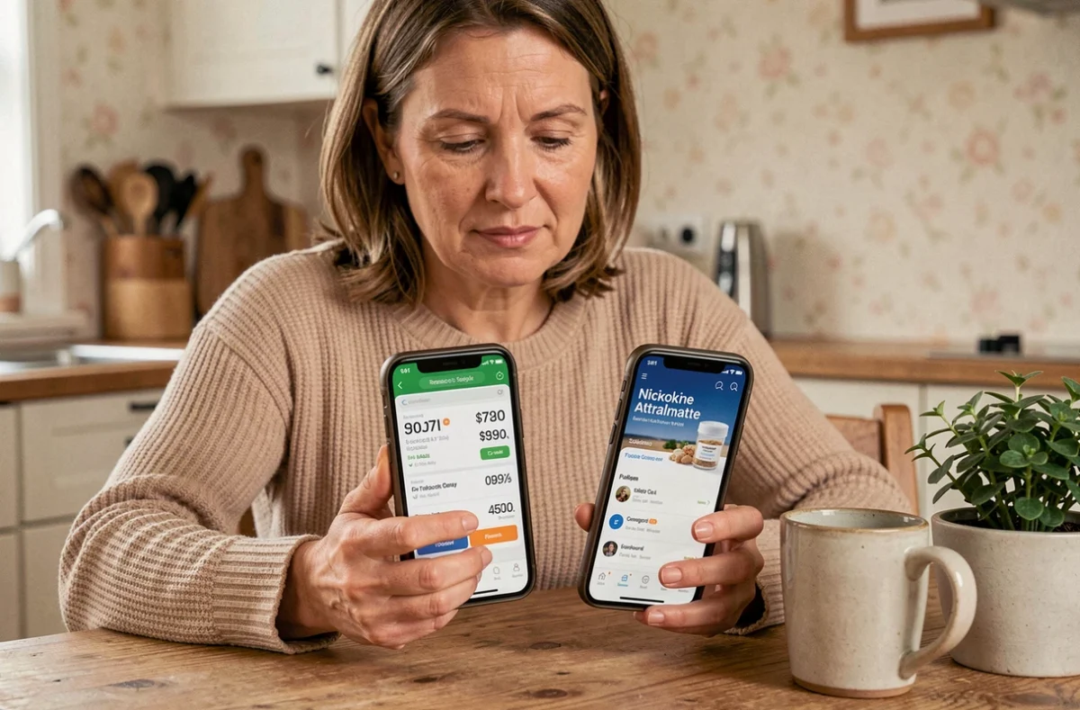 Femme comparant les prix des cigarettes et alternatives légales sur smartphone à la maison