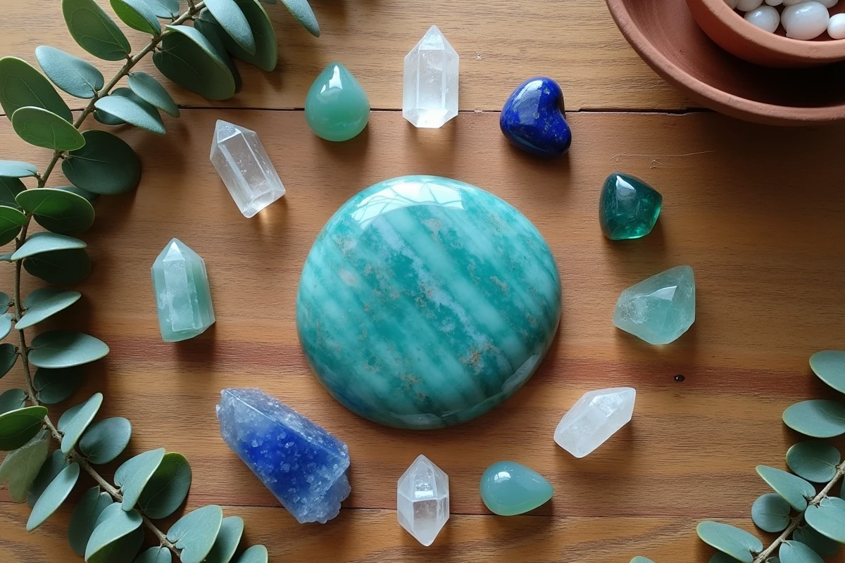 Disposition à plat d'amazonite et de pierres complémentaires sur table en bois brut avec étiquettes manuscrites