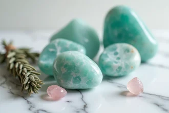 Pierres d'amazonite brutes et polies posées sur marbre blanc avec quartz rose et sauge séchée