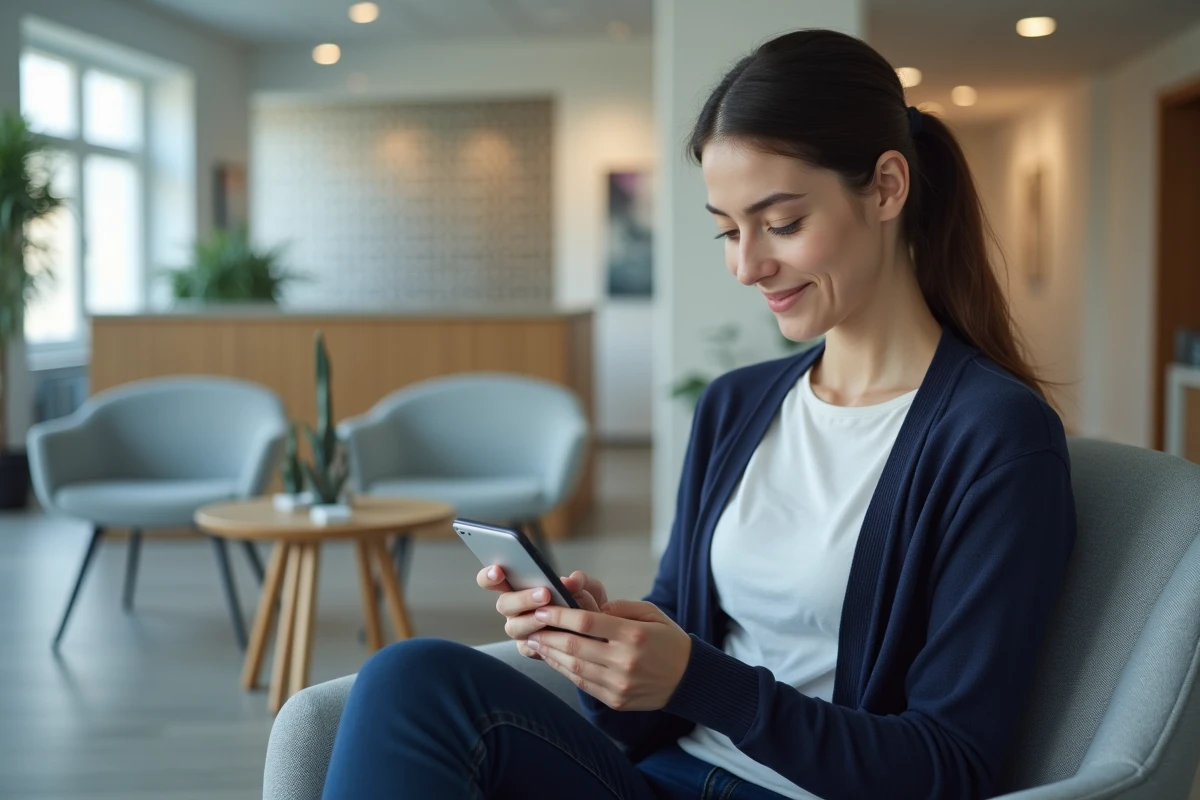 Jeune femme consultant l'application mobile de sa mutuelle Séréane Groupama en salle d'attente