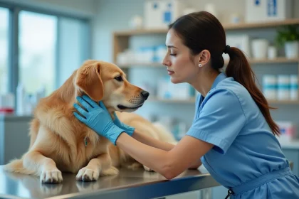 Auxiliaire vétérinaire en blouse bleue examinant un golden retriever dans une clinique vétérinaire moderne