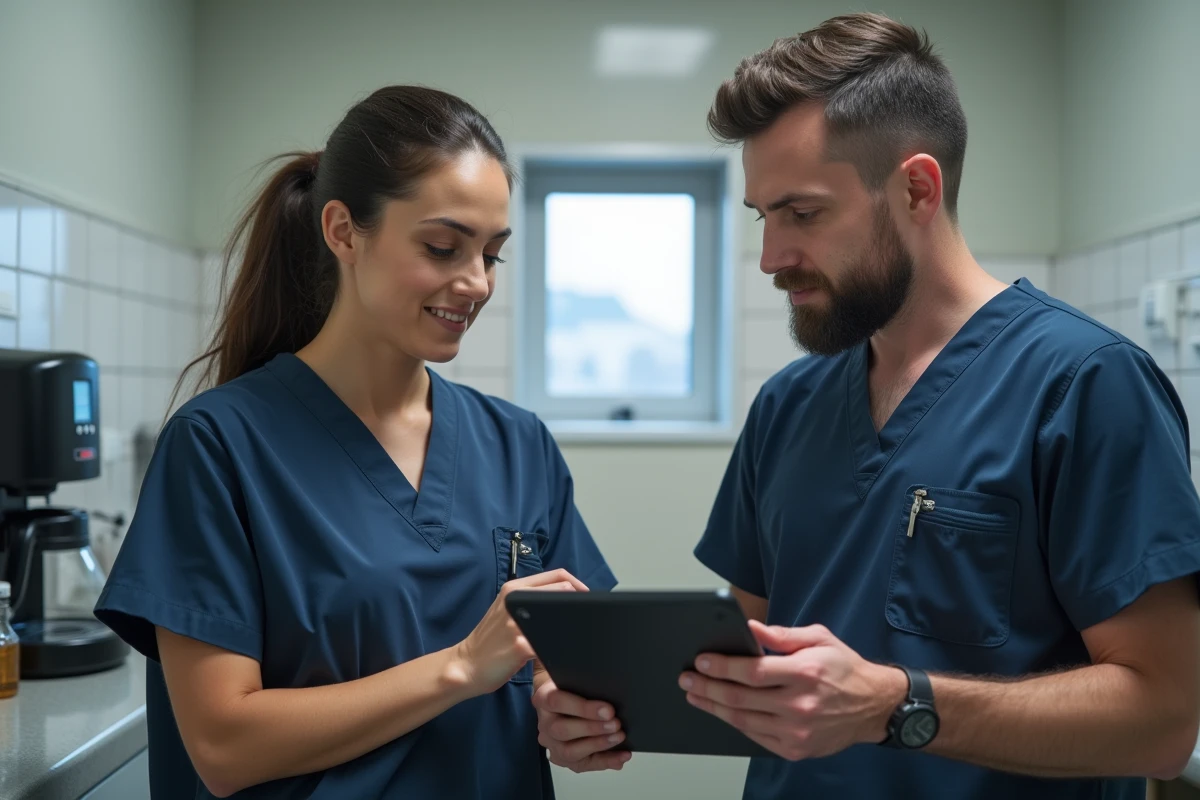 Deux auxiliaires vétérinaires consultant un dossier patient lors d'une garde le week-end