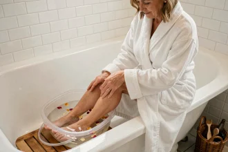Femme faisant tremper ses pieds dans un bain de pieds pour ramollir les ongles épais avant la coupe