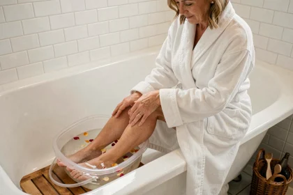 Femme faisant tremper ses pieds dans un bain de pieds pour ramollir les ongles épais avant la coupe