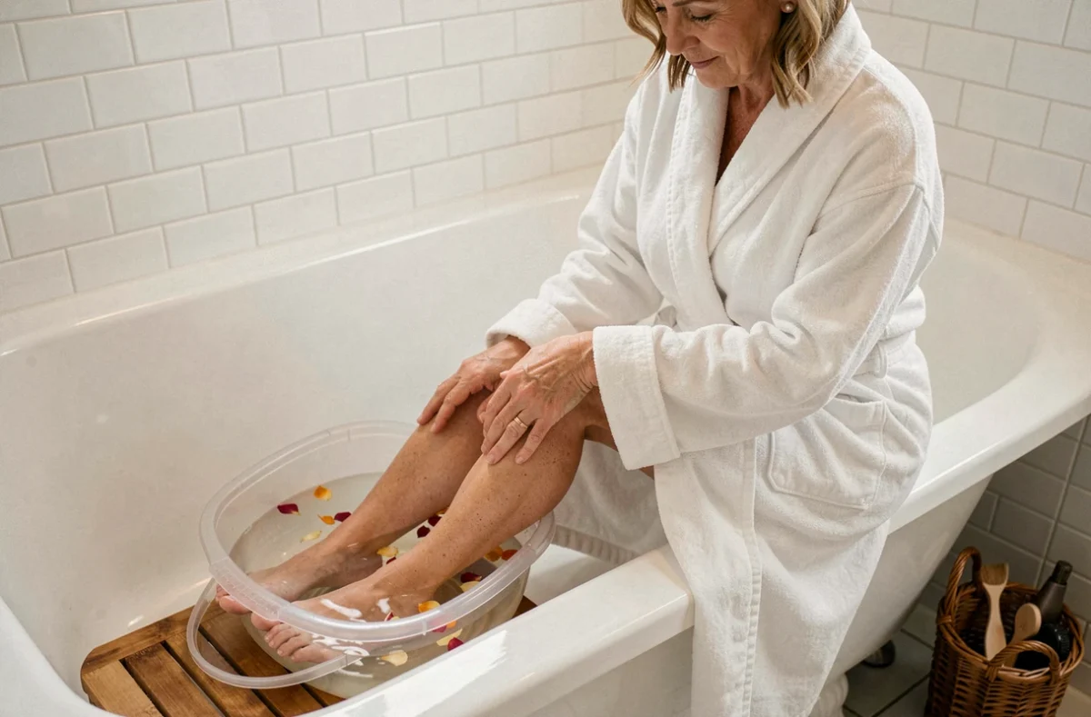 Femme faisant tremper ses pieds dans un bain de pieds pour ramollir les ongles épais avant la coupe