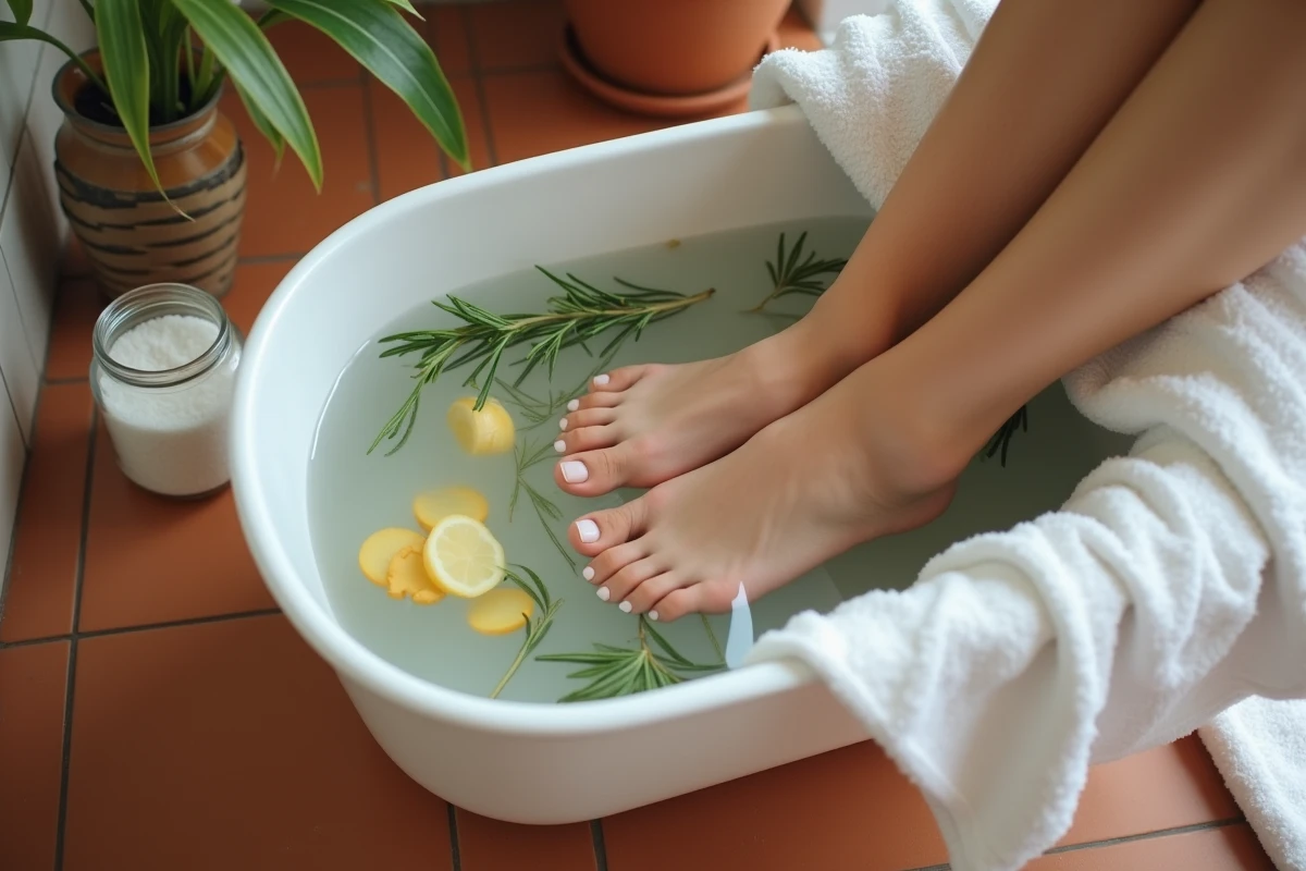 Bain de pieds aux herbes naturelles romarin et gingembre dans une bassine pour soulager les jambes gonflées remède naturel