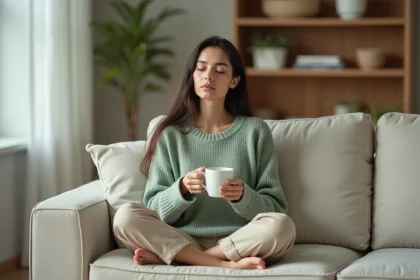 Femme sereine tenant une tasse de thé sur un canapé en lin, illustrant le bien-être mental et la pleine conscience au quotidien