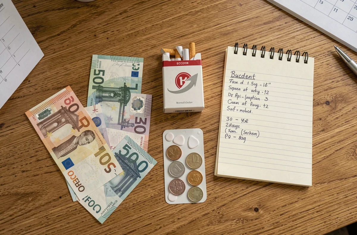 Vue aérienne d'un budget cigarettes en Belgique avec alternatives nicotine et euros sur un bureau