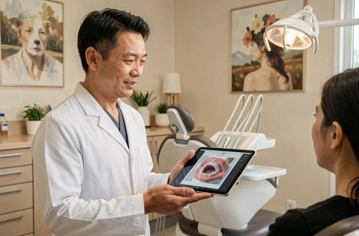 Hoang Bui, dentiste à Sainte-Geneviève-des-Bois, consultant un patient avec une tablette