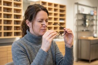Femme dans la quarantaine comparant deux montures de lunettes chez un opticien, expression concentrée et réfléchie