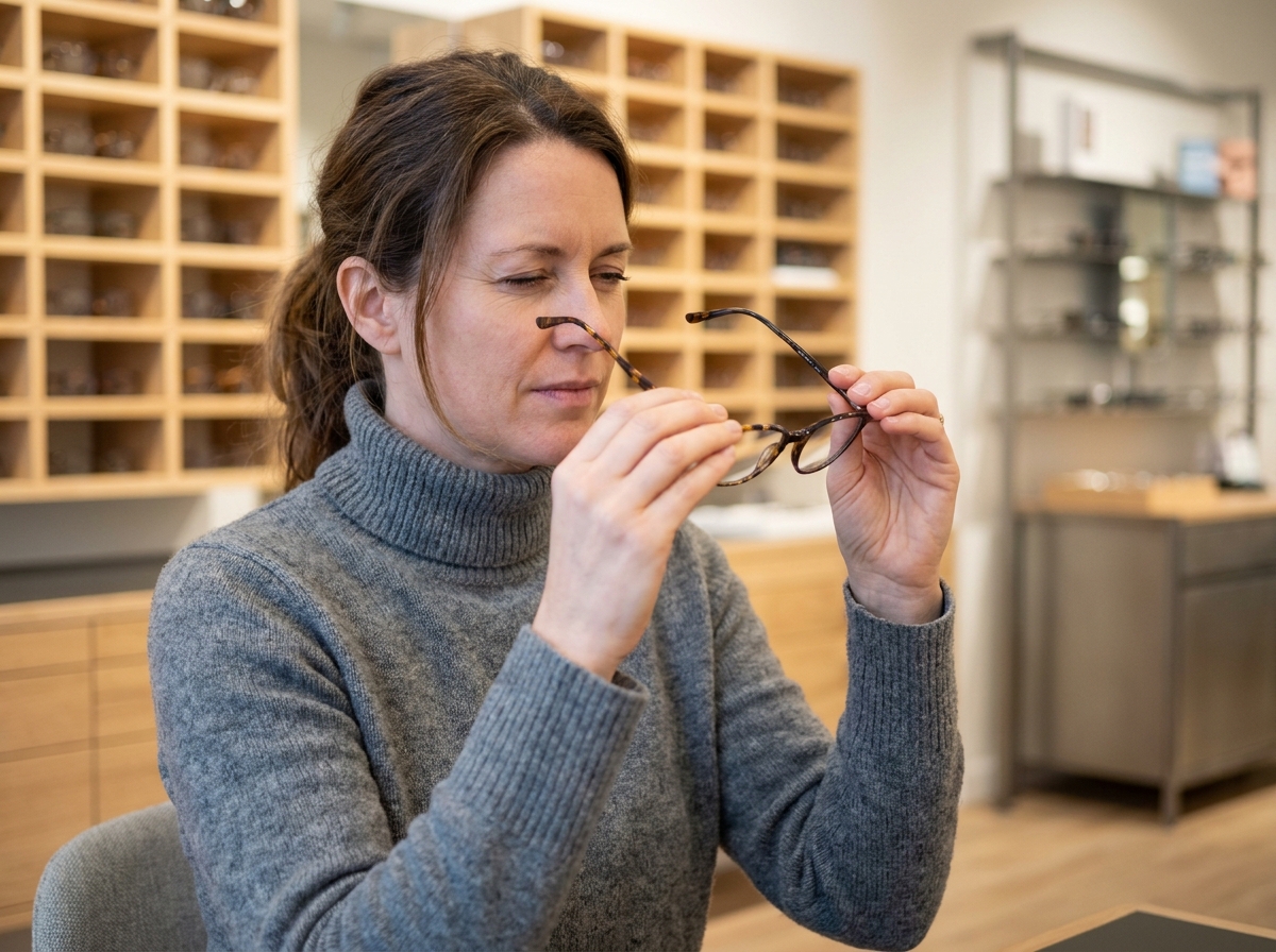 Femme dans la quarantaine comparant deux montures de lunettes chez un opticien, expression concentrée et réfléchie