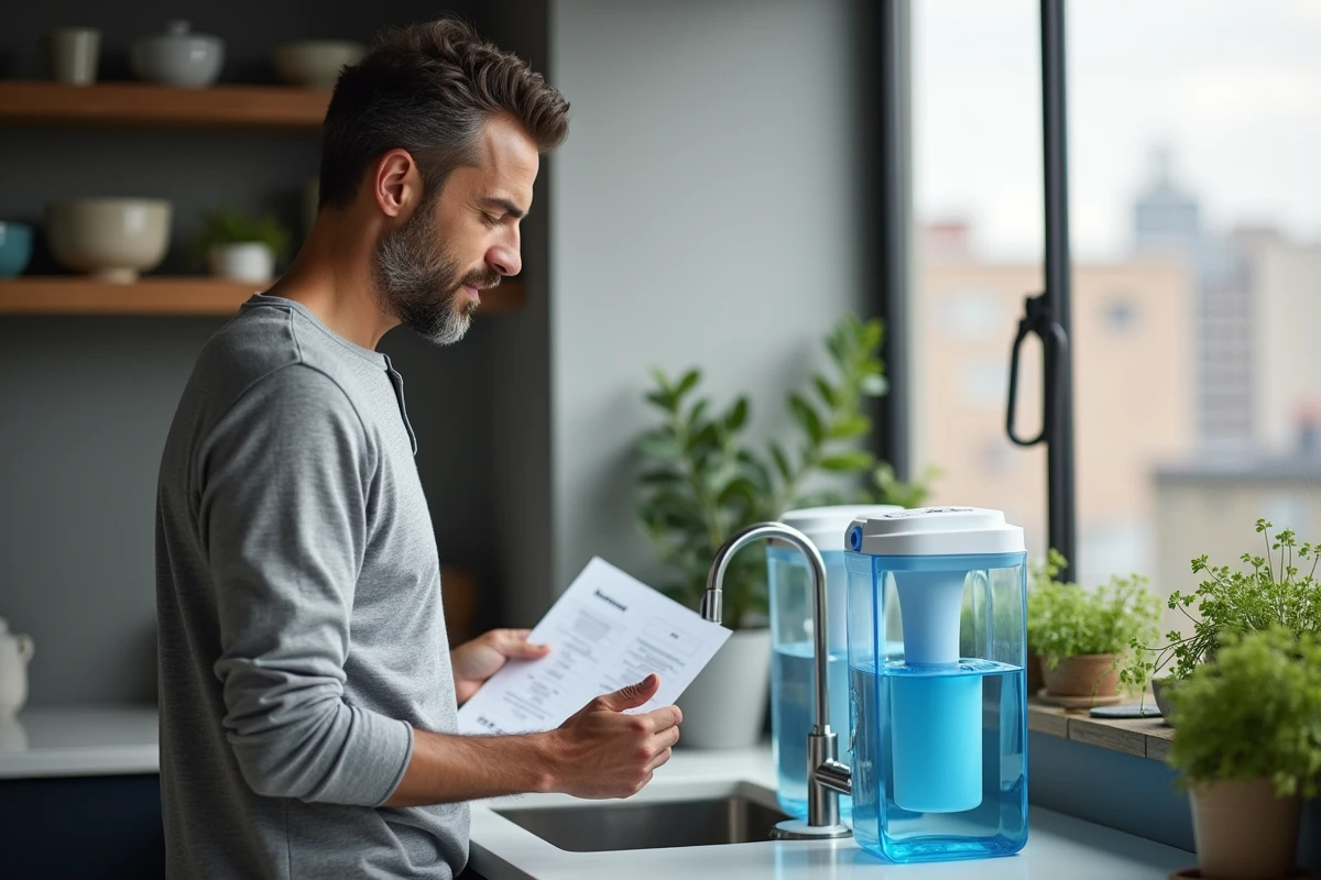 Homme comparant deux filtres à eau alternatifs dans une cuisine d'appartement urbain avec un tableau comparatif à la main