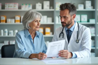 Une femme d'âge mûr consulte un pharmacien au comptoir au sujet de la compatibilité d'un médicament avec ses traitements actuels