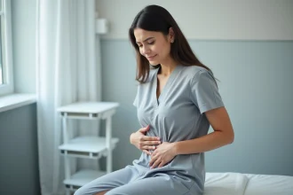 Femme adulte en consultation médicale palpant la zone inguinale pour évaluer un ganglion gonflé
