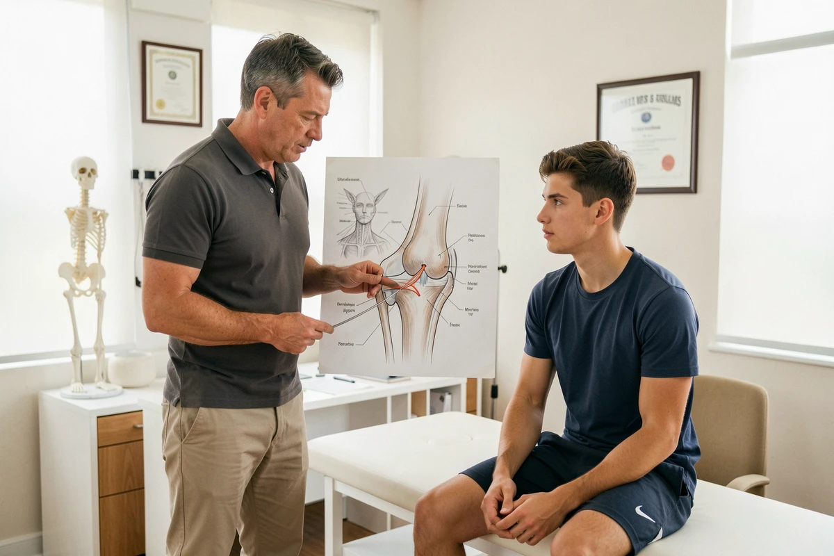 Médecin du sport expliquant la patte d'oie du genou sur un schéma anatomique à un athlète lors d'une consultation de prévention des rechutes