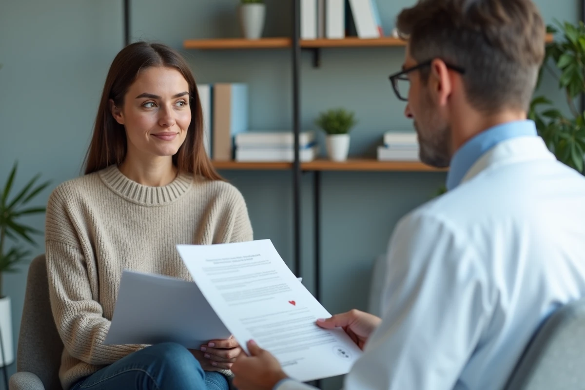 Femme en consultation avec un dermatologue en cabinet
