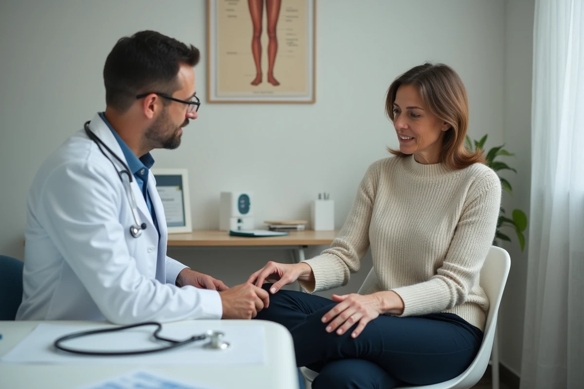 Femme consultant un médecin pour des douleurs nocturnes aux jambes dans le cadre d'un diagnostic de diabète ou d'insuffisance veineuse