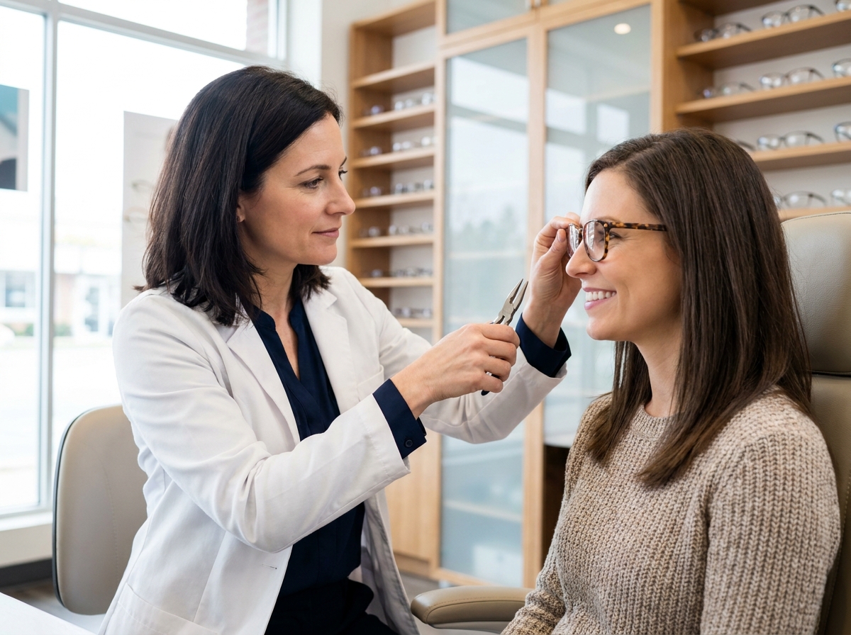 Opticienne en consultation ajustant des montures de lunettes sur une patiente dans une boutique d'optique moderne