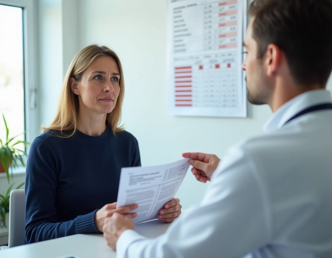 Patiente en consultation médicale discutant des résultats d'analyse Gamma GT avec son médecin