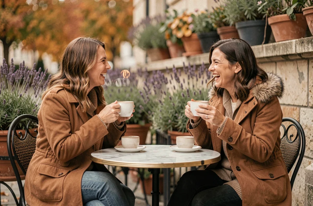 Deux femmes partageant un moment de connexion positive autour d'un café en terrasse dans une atmosphère bienveillante et chaleureuse