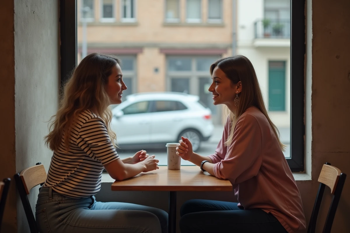 Deux femmes en conversation bienveillante dans un café, illustrant le dialogue, le soutien émotionnel et la santé mentale au quotidien