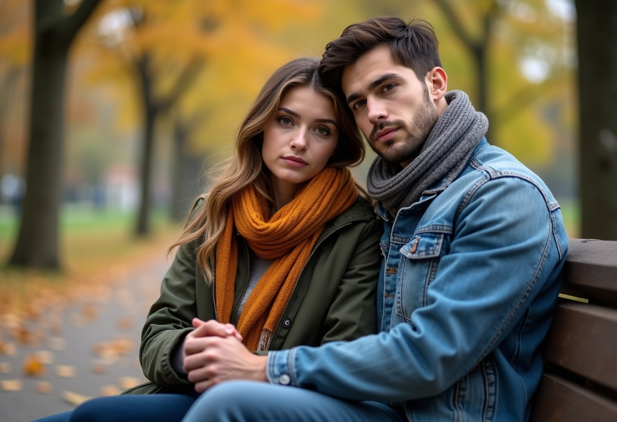 Couple assis sur un banc en automne dans un parc