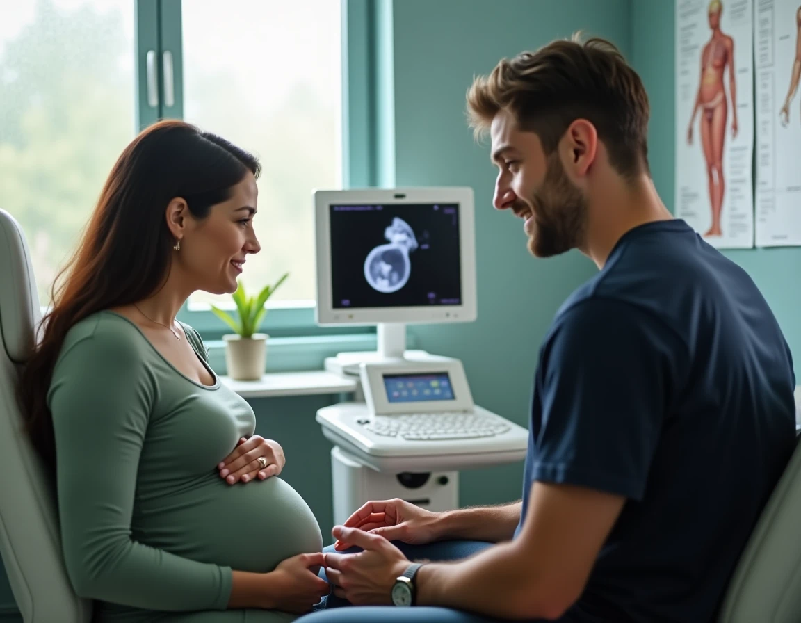 Couple de futurs parents regardant ensemble l'écran d'une échographie obstétricale lors d'une consultation prénatale dans une salle médicale moderne