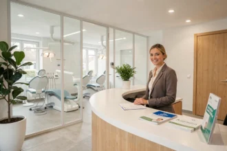 Accueil d'un cabinet dentaire moderne en Essonne avec une réceptionniste souriante
