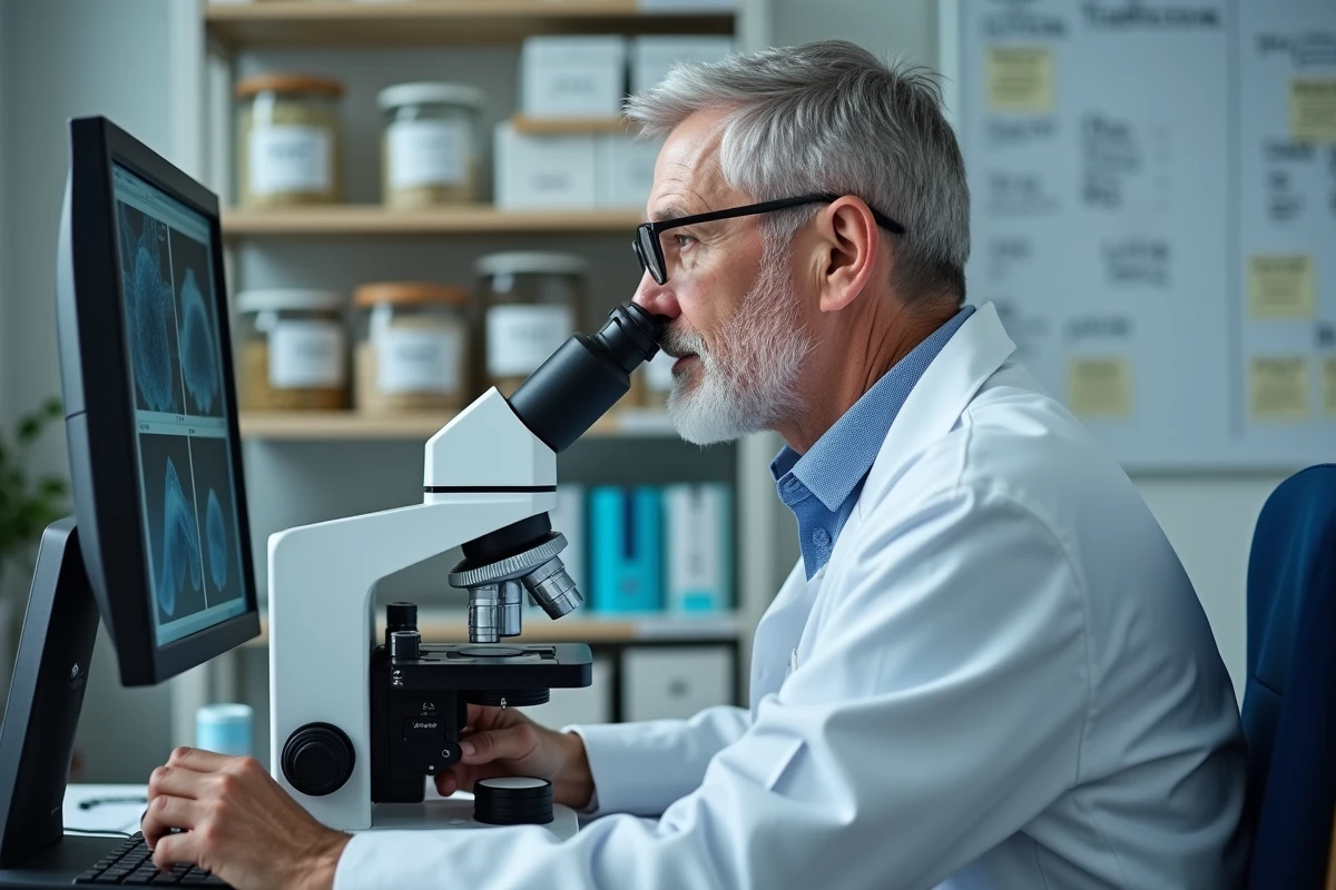 Dermatopathologue examinant une lame au laboratoire