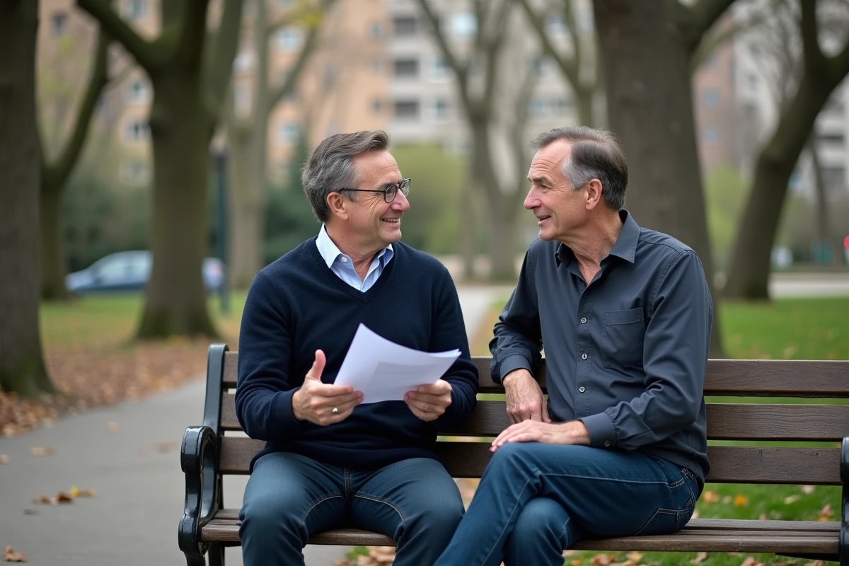 Deux hommes discutant assis sur un banc dans un parc urbain