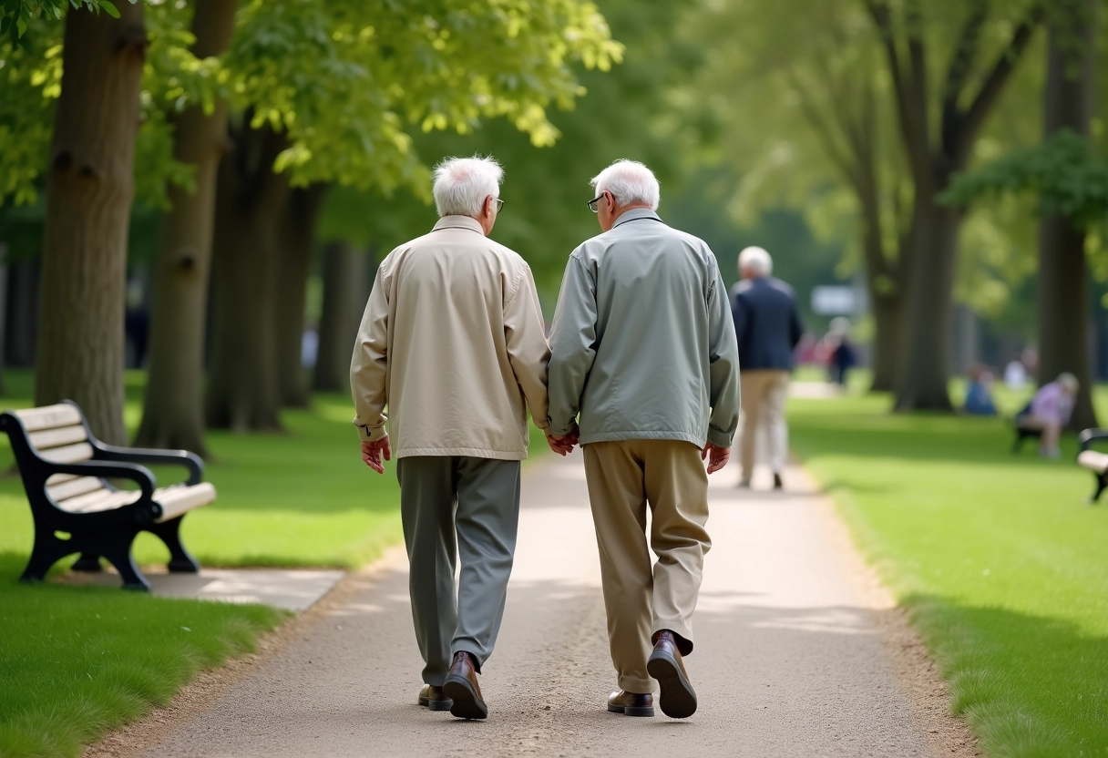 Deux hommes seniors discutant en marchant dans un parc verdoyant