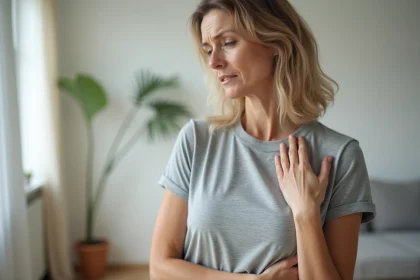 Femme mature touchant son aisselle gauche avec une expression préoccupée, illustrant la douleur sous l'aisselle et les signes à surveiller pour le cancer du sein