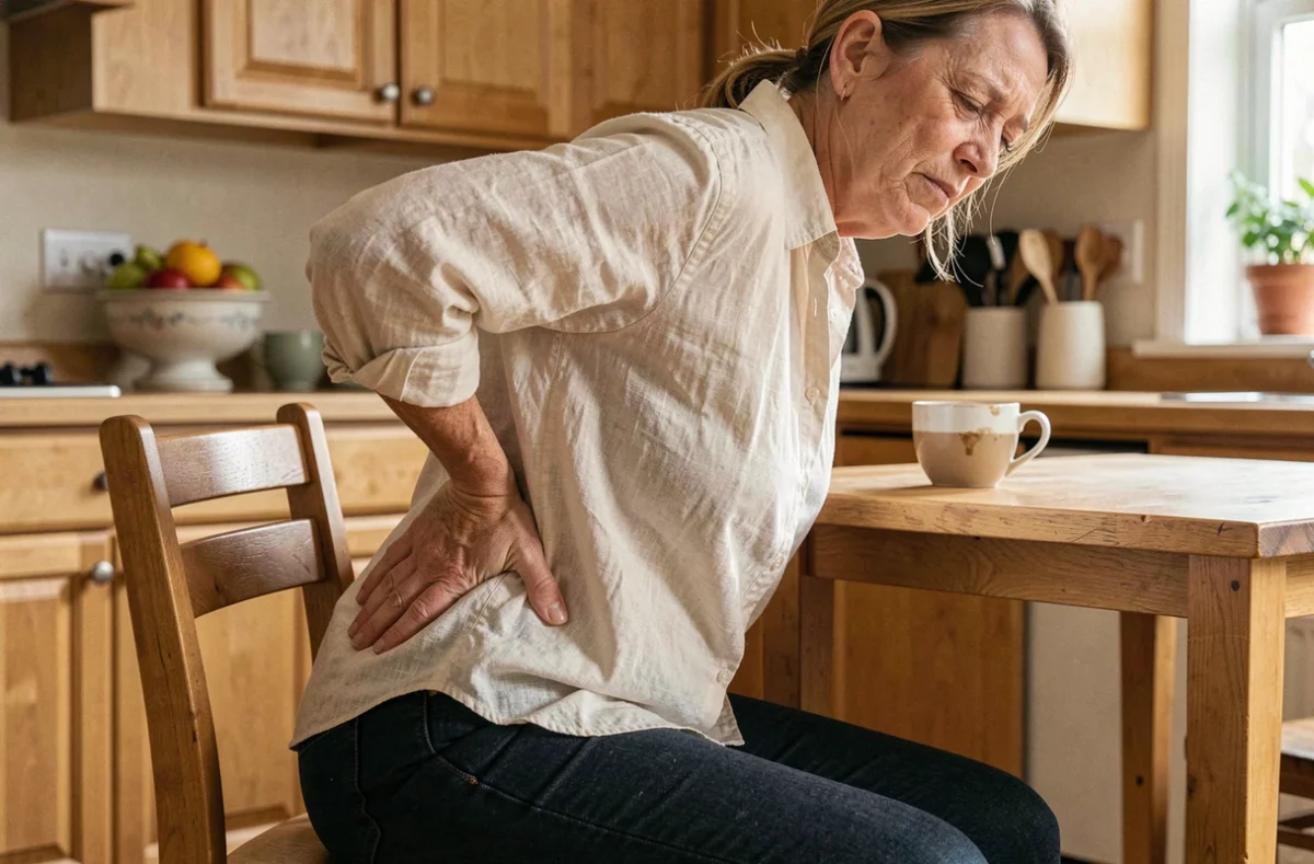 Femme d'âge mûr ressentant une douleur au coccyx assise sur une chaise dure à la maison