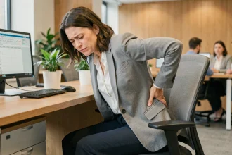 Femme assise au bureau souffrant de douleur au coccyx en raison d'une mauvaise posture