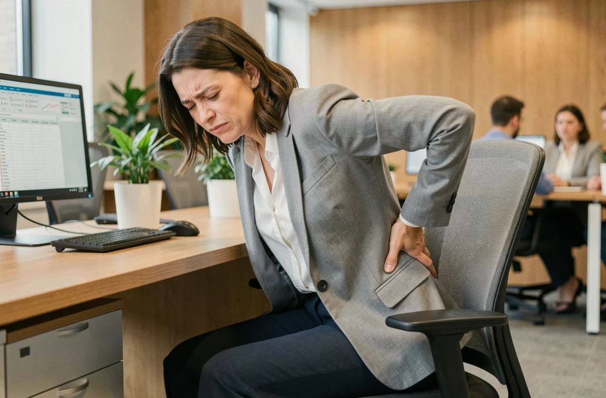 Femme assise au bureau souffrant de douleur au coccyx en raison d'une mauvaise posture