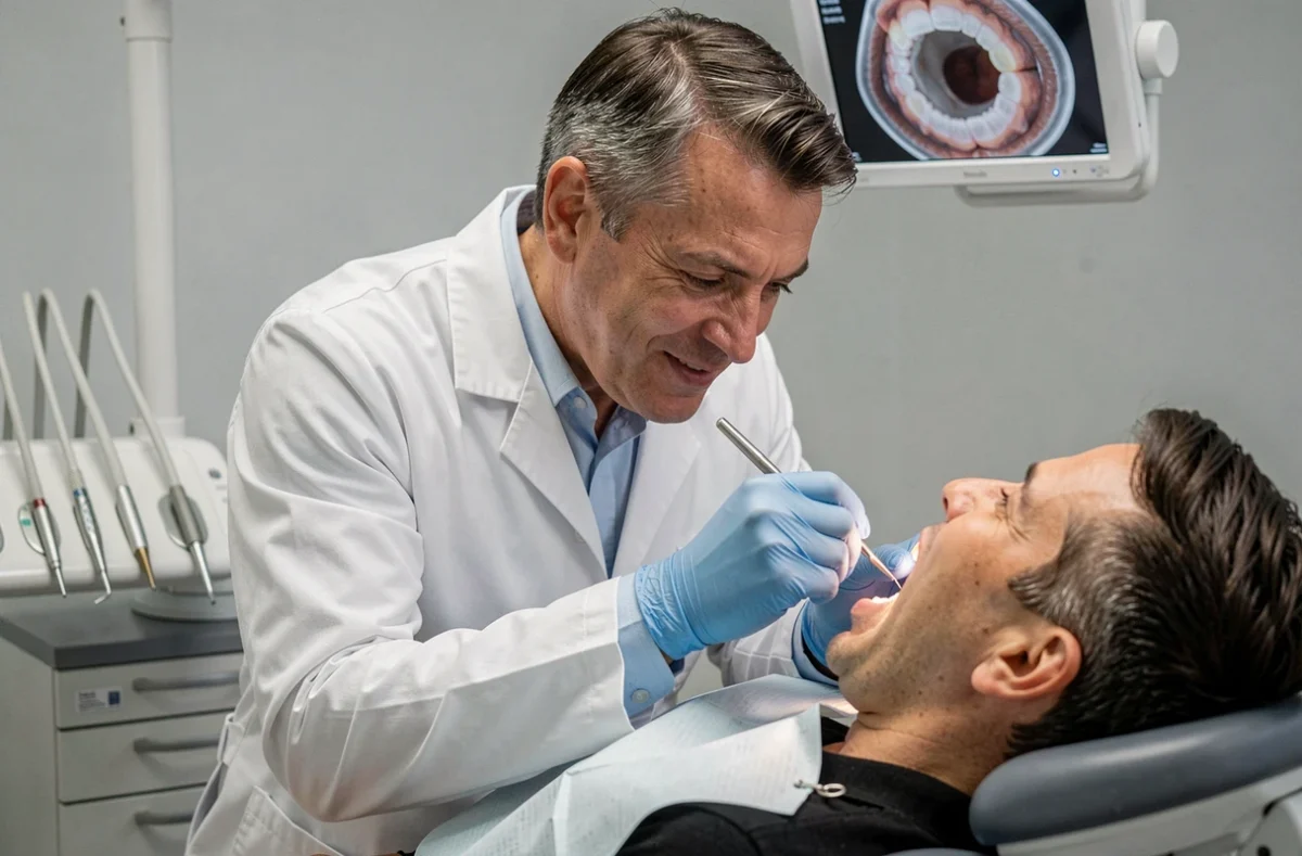 Dr Denis Doublait, dentiste à Corbeil-Essonnes, examinant un patient dans son cabinet