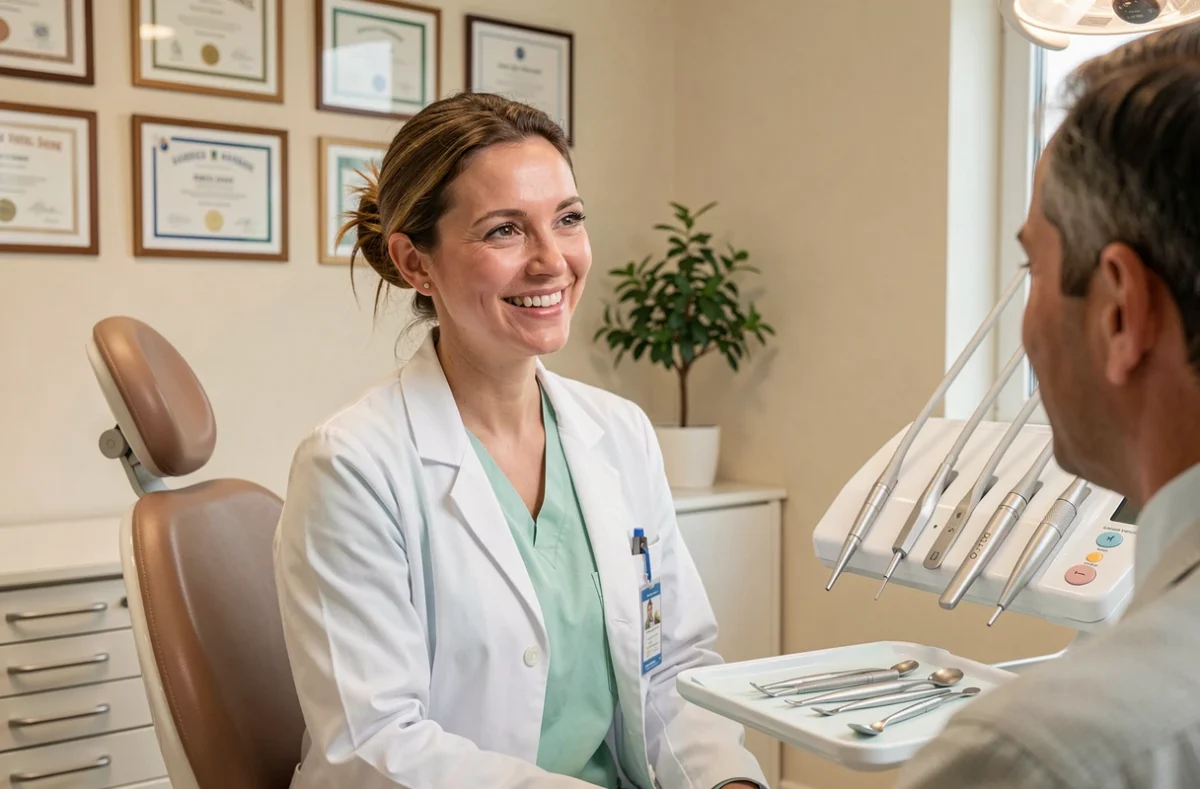Dr Elodie Savard, dentiste à Sainte-Geneviève-des-Bois, accueillant chaleureusement un patient