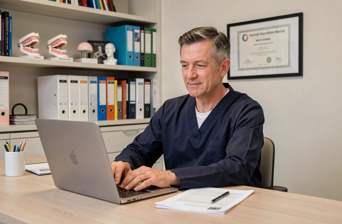 Dr Olivier Zouari, dentiste à Massy, consultant des dossiers patients dans son bureau