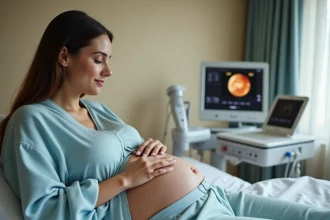 Femme enceinte au troisième trimestre subissant une échographie abdominale dans un cabinet médical, avec une technicienne appliquant le gel échographique sur le ventre