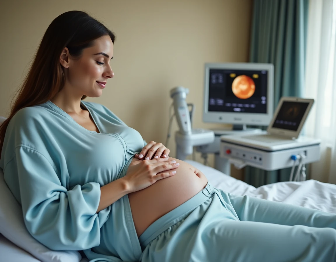 Femme enceinte au troisième trimestre subissant une échographie abdominale dans un cabinet médical, avec une technicienne appliquant le gel échographique sur le ventre