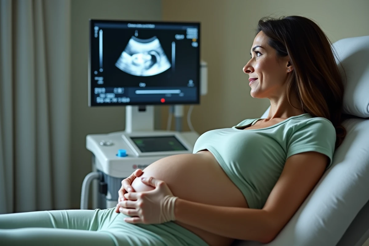 Femme enceinte allongée lors d'une échographie obstétricale regardant le moniteur, gel sur l'abdomen, dans une salle d'examen médicale