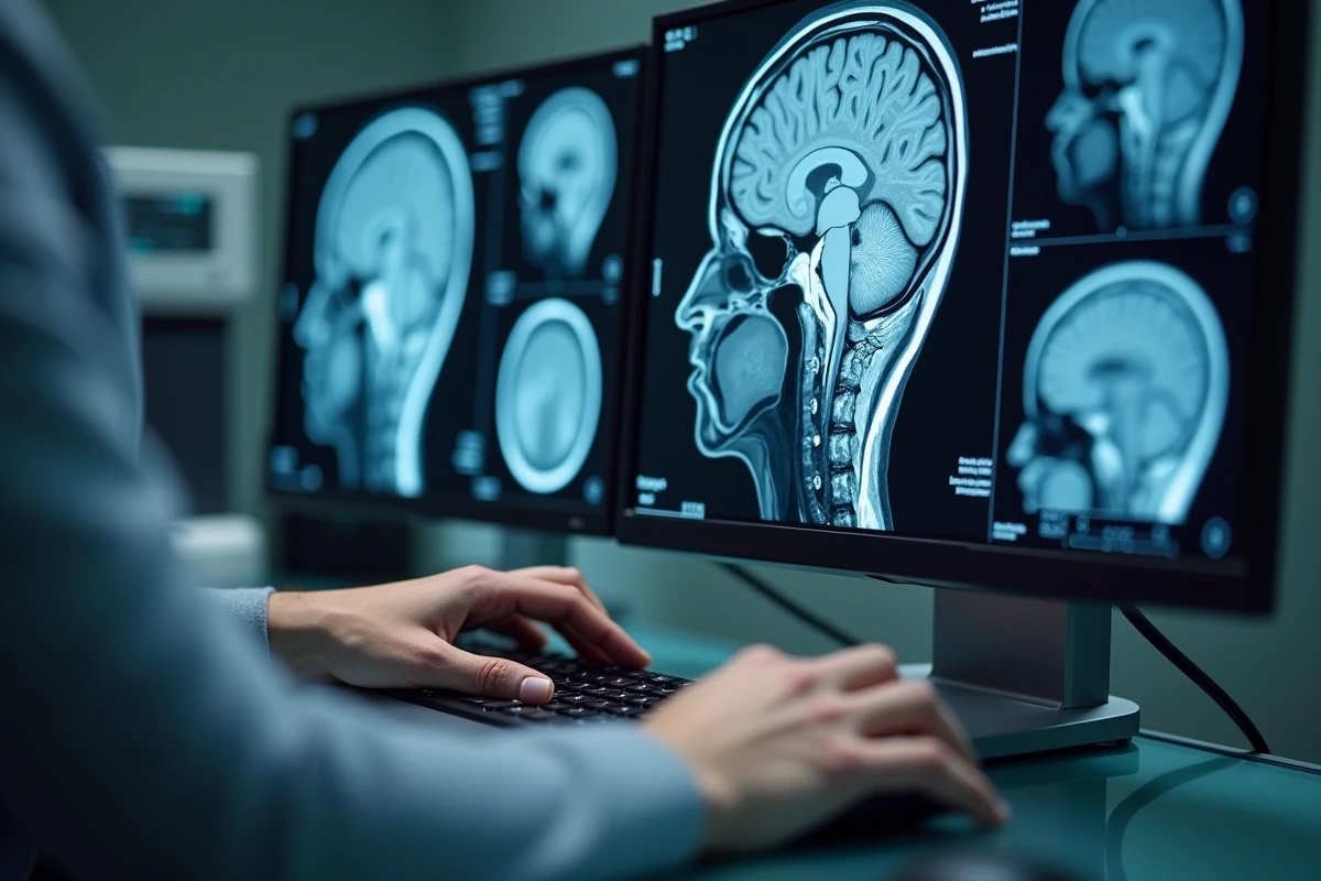Écran d'ordinateur en service de radiologie affichant une IRM cérébrale avec hypersignaux de substance blanche