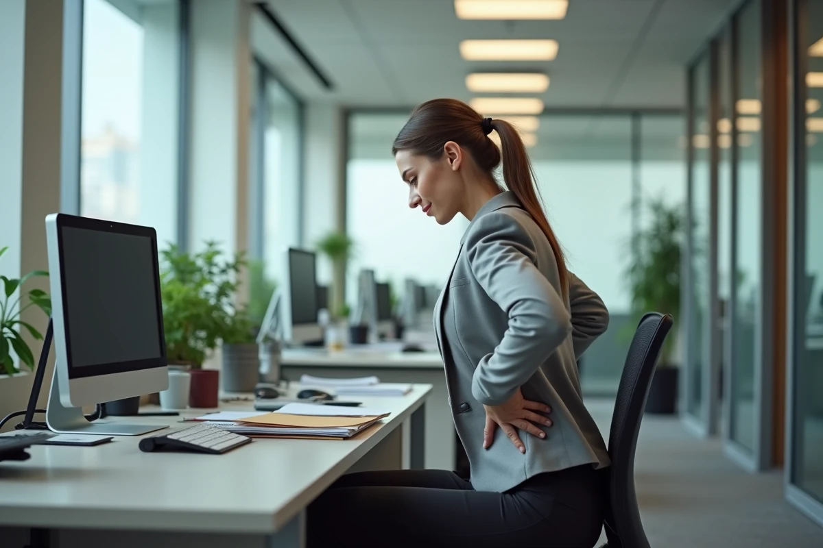 Femme employée de bureau souffrant de douleurs lombaires au travail devant son ordinateur, posture problématique